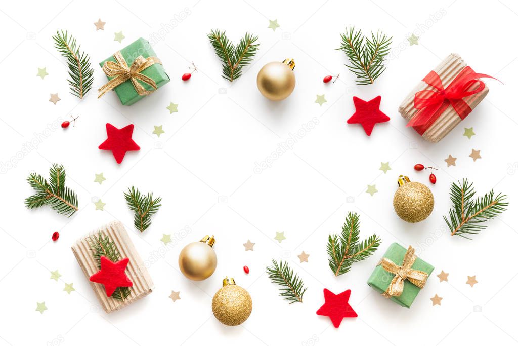 Christmas Background With Small Christmas Gifts, Balls, Stars An