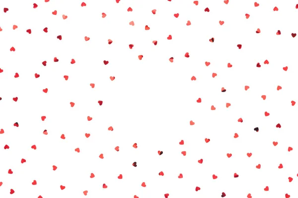 Valentine Achtergrond Kleine Rode Confetti Hartjes Witte Achtergrond Kopieerruimte — Stockfoto