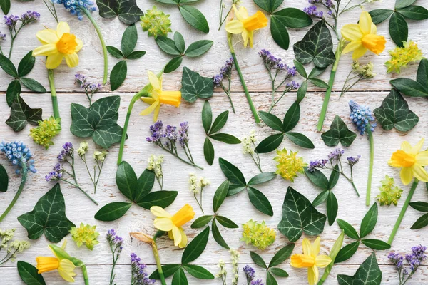 Spring Flowers On White Planks — Stock Photo, Image