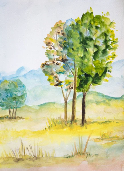 Watercolor Painting Landscape Trees — Stock Photo, Image