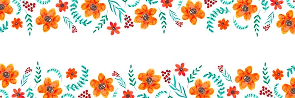 Floraler Hintergrund Mit Aquarellelementen Orangefarbene Blüten Und Grüne Blätter Auf — Stockfoto