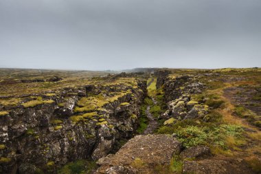 Thingvellir Milli Parkı 'ndaki Almannagja fay hattı boyunca uzanan patikadan görüntüyü al (Altın Daire, İzlanda).
