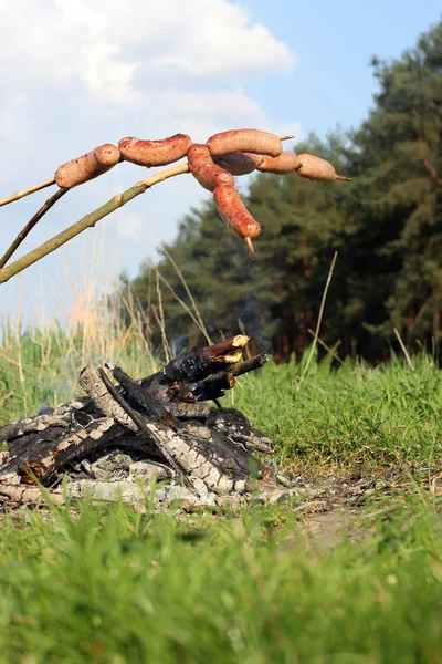 Forest sausage fry on fire