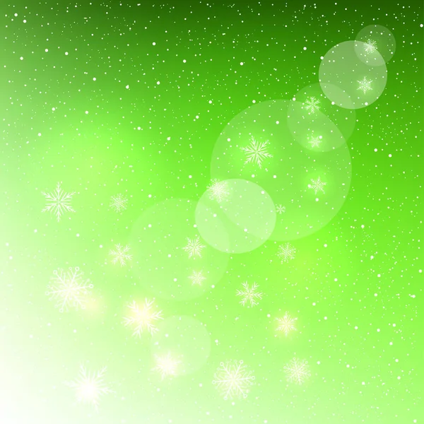Glödande snöflingor på grön bakgrund — Stock vektor
