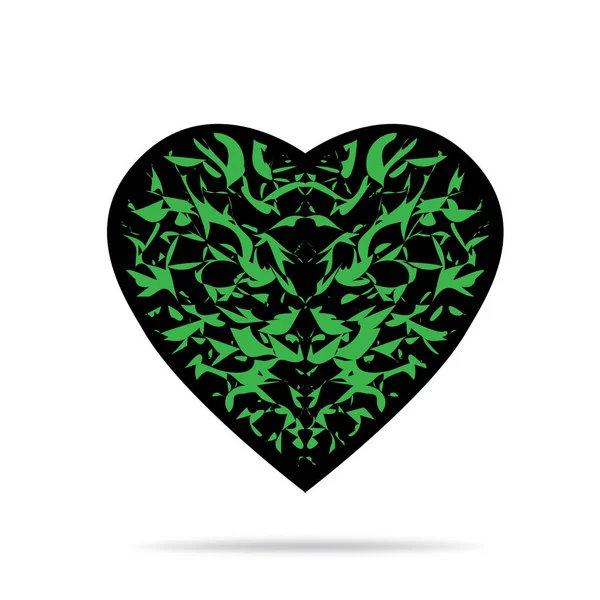 Corazón negro con patrón verde y sombra — Vector de stock