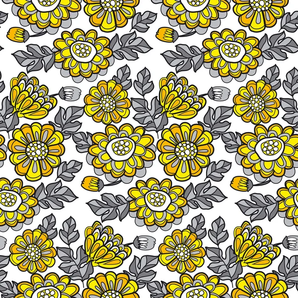 Gelbe dekorative florale Herbst nahtlose Muster. schwarz und grau v — Stockvektor