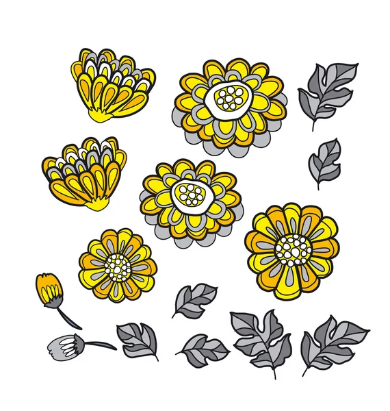 Yellow decorative stylized floral fall element set. black and gr — Stock Vector