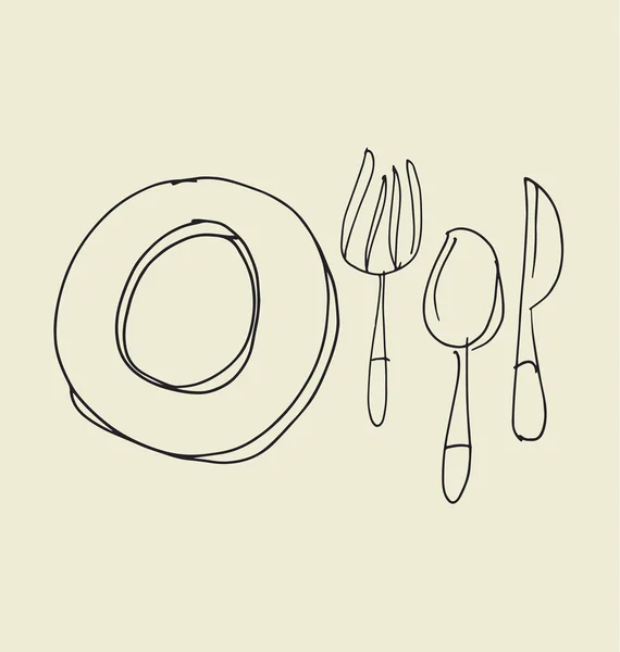 Kitchen tableware hand drawn image. fork, knife, plate and spoon — Stock Vector