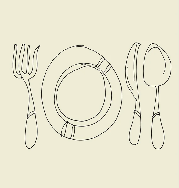 Küchentisch handgezeichnetes Bild. Gabel, Messer, Teller und Löffel — Stockvektor