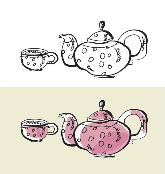 Utensílios de cozinha imagem desenhada à mão. chaleira chá pote esboço — Vetor de Stock