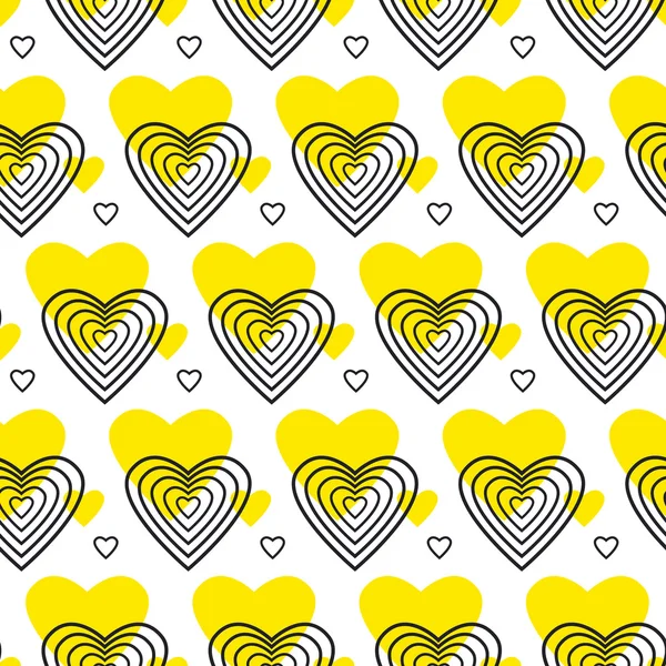 Geel en zwart vector patroon met hart in art decostijl. — Stockvector
