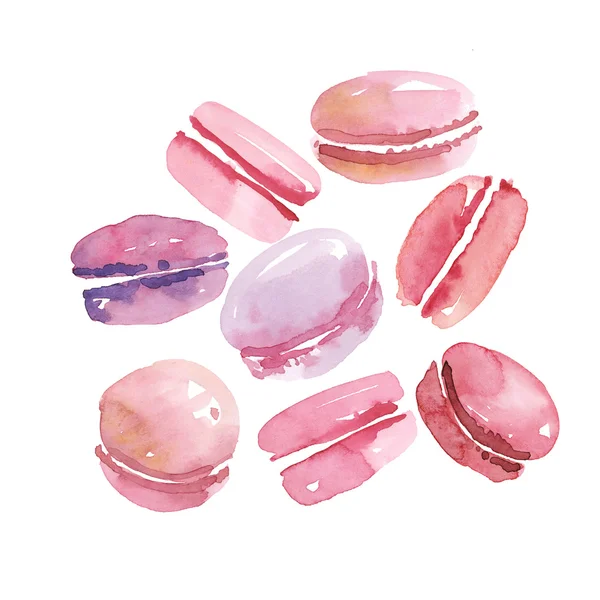 French sweets. pink color vanilla assorted macarons. watercolor — Stock fotografie