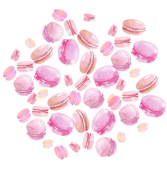 Francia desszert. rózsaszín vanília válogatott macarons. akvarell — Stock Fotó