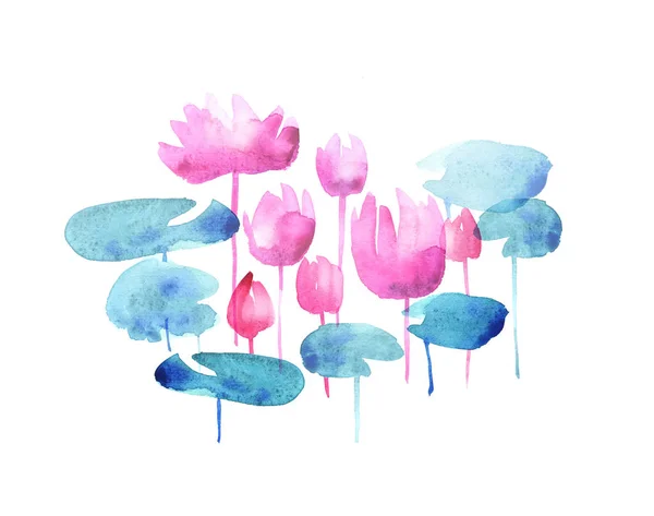 Pink water lotus blooming flowers. watercolor hand drawn illustr — Stock Photo, Image