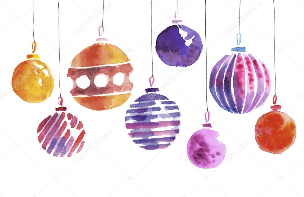 christmas bulbs hand made watercolor illustration. xmas ball dec