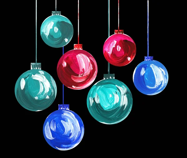 Lâmpadas de Natal prontas. Bolhas de vidro desenhadas à mão de cor para árvore de natal — Fotografia de Stock