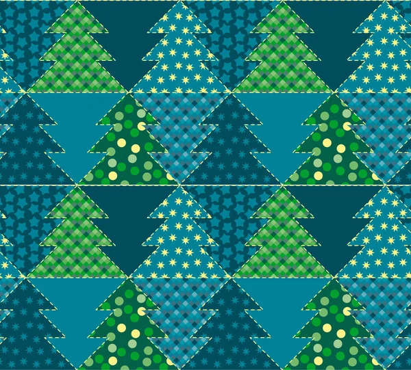 Árbol de navidad color azul fondo abstracto en estilo patchwork — Vector de stock