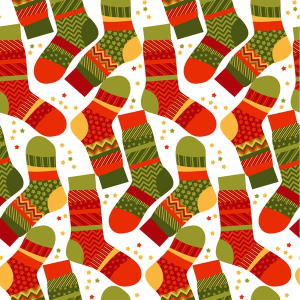 Christmas striped socks in patchwork style. Xmas seemless vector — Stock Vector