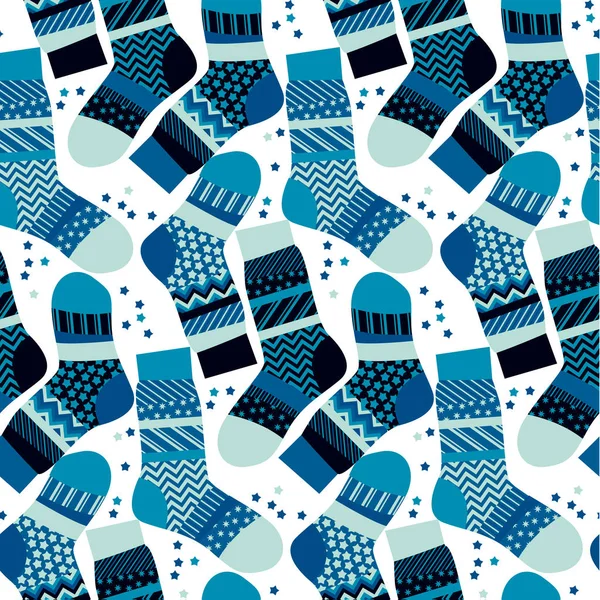 Calzini a righe blu di Natale carta da imballaggio in stile patchwork . — Vettoriale Stock