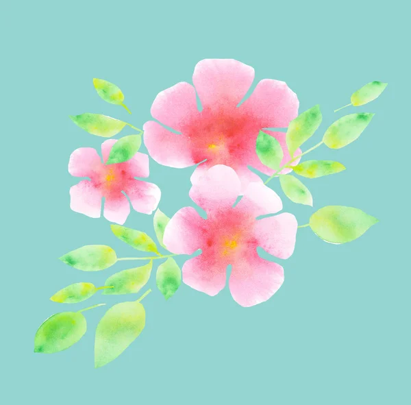 Elegante lichte roze bloesem op blauwe mint kleur achtergrond. abstract floral aquarel illustratie. teder roze plumeria bloem handgeschilderde element. florale decoratie voor zomer bruiloft uitnodiging — Stockfoto