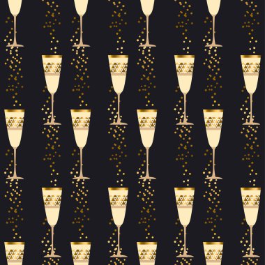 siyah arka plan üzerine köpüklü şarap gözlüklü zarif ışık seamless modeli. ambalaj kağıt, duvar kağıdı, kumaş, arka plan için altın şampanya ile kutlama yinelenebilir motifi.