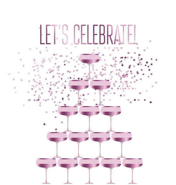 Rose funkelnden Champagnerglas Pyramide flache Vektorillustration. festliche Hochzeitsweingläser im Turmdesign für Plakate, Einladungen und Karten. — Stockvektor