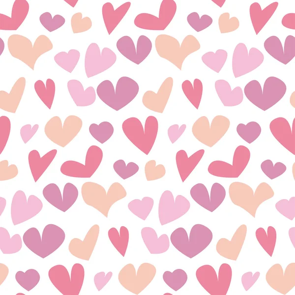 手でバレンタイン シームレスな水玉柄には、さまざまな心が描かれています。シンプルなピンクのかわいいハート形包装紙、背景布の繰り返しのモチーフ — ストックベクタ