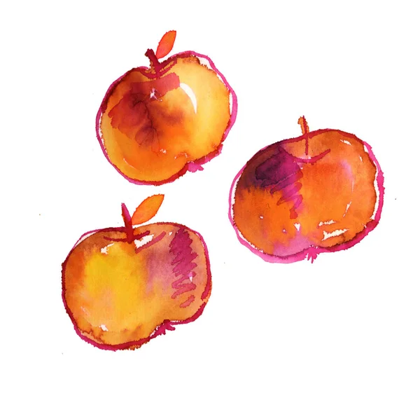 Autmn pełny pomarańczowy kolor trzy małe jabłka w waterc w ozdobny — Zdjęcie stockowe