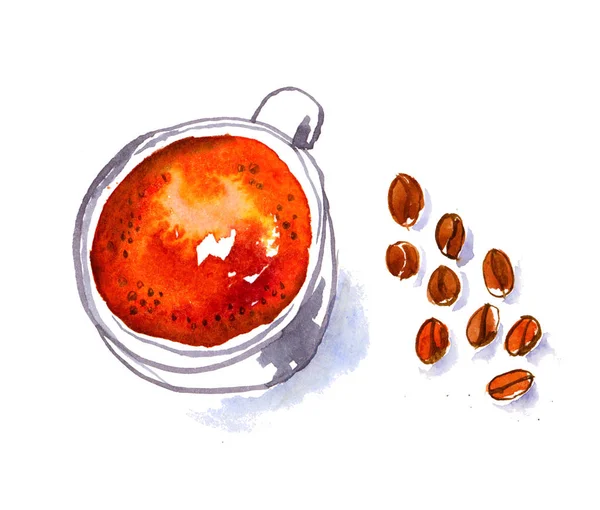 Ručně kreslenou šálek kávy a kávových zrn. cappuccino, samostatný wate — Stock fotografie
