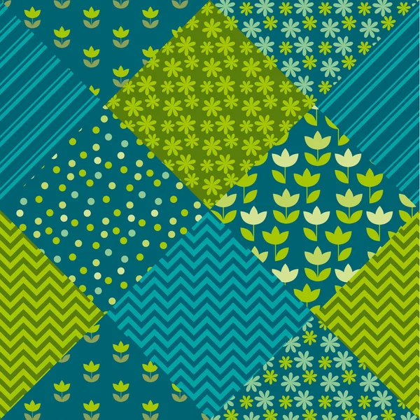 Blaue und grüne Farbe Tulpenblume und Geometrie-Motiv Patchwork. — Stockvektor