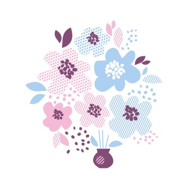 Geometri stil mavi ve pembe renkli dekoratif çiçek öğesinde.