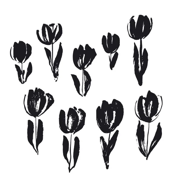 Grunge black ink splash vector illustration with tulip flower. S — Stock Vector