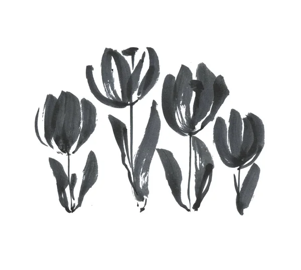 Концепція чорного чорнила сучасний ескіз квітки тюльпанів . — стокове фото