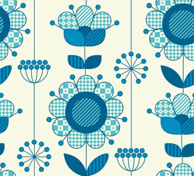 Geleneksel halk tarzında yüzey tasarımı için vektör sorunsuz çiçek deseni. Mavi seramik renk kaydırma kağıt, kumaş, kumaş çiçek resimde geometri 60s ilham. 