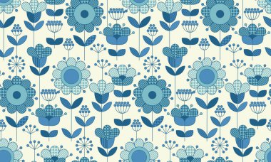 Geleneksel halk tarzında yüzey tasarımı için vektör sorunsuz çiçek deseni. Mavi seramik renk kaydırma kağıt, kumaş, kumaş çiçek resimde geometri 60s ilham. 
