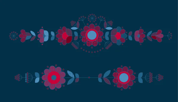 Éléments de conception de motif bleu profond et rouge pour dans le style boho. Conception de surface décorative rustique inspirée des ornements traditionnels folkloriques européens pour cartes d'impression et web, en-tête, affiche . — Image vectorielle