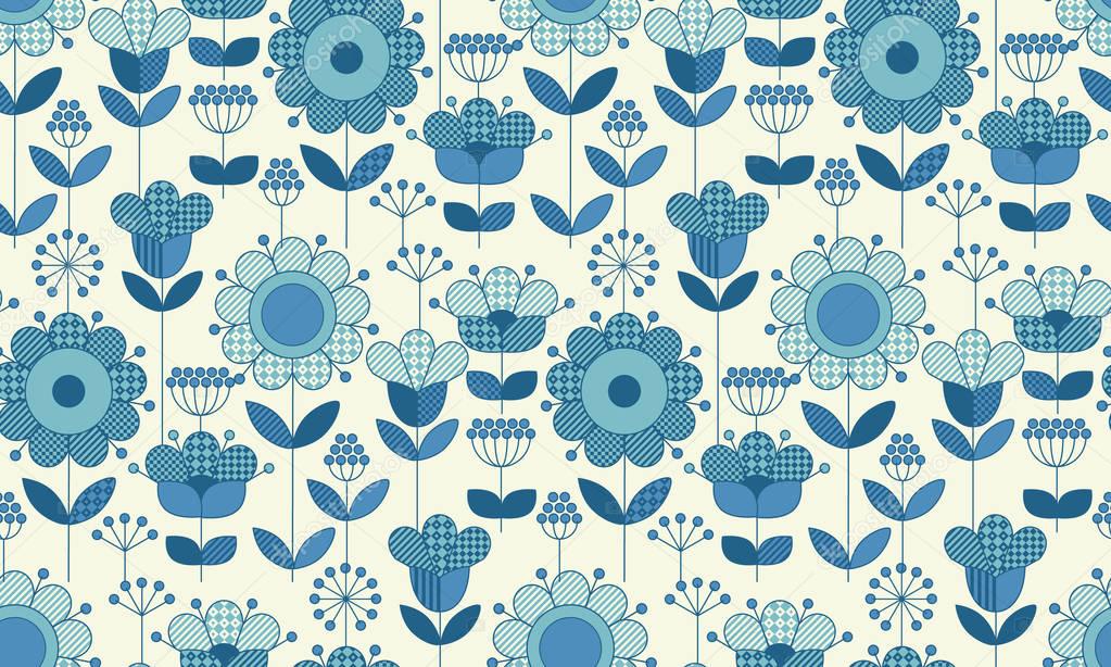 Vector seamless flower pattern for surface design in traditional folk style. Geometry 60s inspired floral  illustration in blue pottery color for wrapping paper, fabric, cloth. 