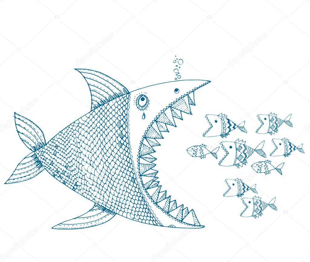 hand drawn vector illustration of decorative abstract fish fighting. concept image of danger, group power, nature balance for poster, caver, card, print and web design
