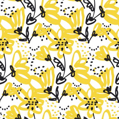 Vektör yüzey tasarımı için seamless modeli. Serbest çizim ile canlı sarı renkte çiçek. Eski püskü çiçek tasarım öğesi kartı, üstbilgi, davet için. 