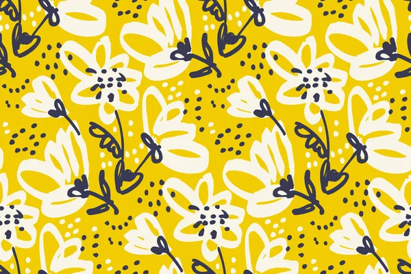 벡터 표면 디자인에 대 한 완벽 한 패턴입니다. 선명한 노란색에 꽃과 자유형 그림입니다. 카드, 헤더, 초대 초라한 플로랄 디자인 요소. — 스톡 벡터