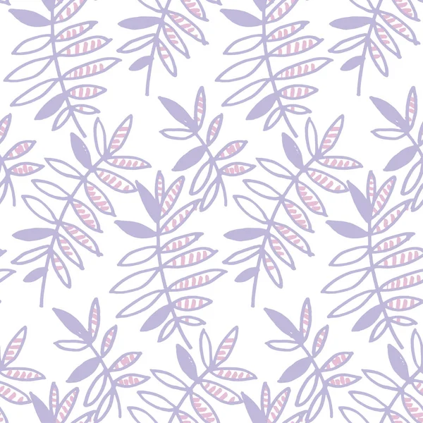 Motif floral violet tendre illustration vectorielle. feuilles tropicales motif sans couture sur fond blanc. dessin à la main style naïf design naturel — Image vectorielle