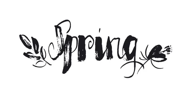 Hand getekend voorjaar woord belettering met abstracte bloemen. concept shabby schets stijl beeld voor print en web — Stockvector