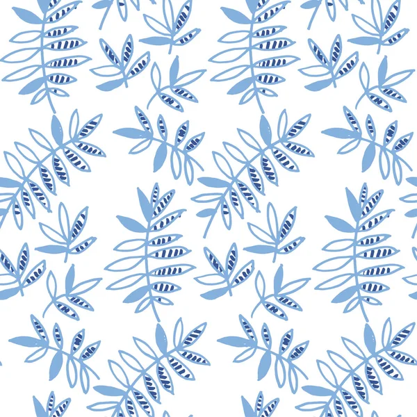 블루 꽃 모티브 벡터 일러스트 레이 션. 열 대 잎에 흰색 배경 완벽 한 패턴입니다. 그려진된 순진한 스타일 자연 스러운 디자인을 손 — 스톡 벡터
