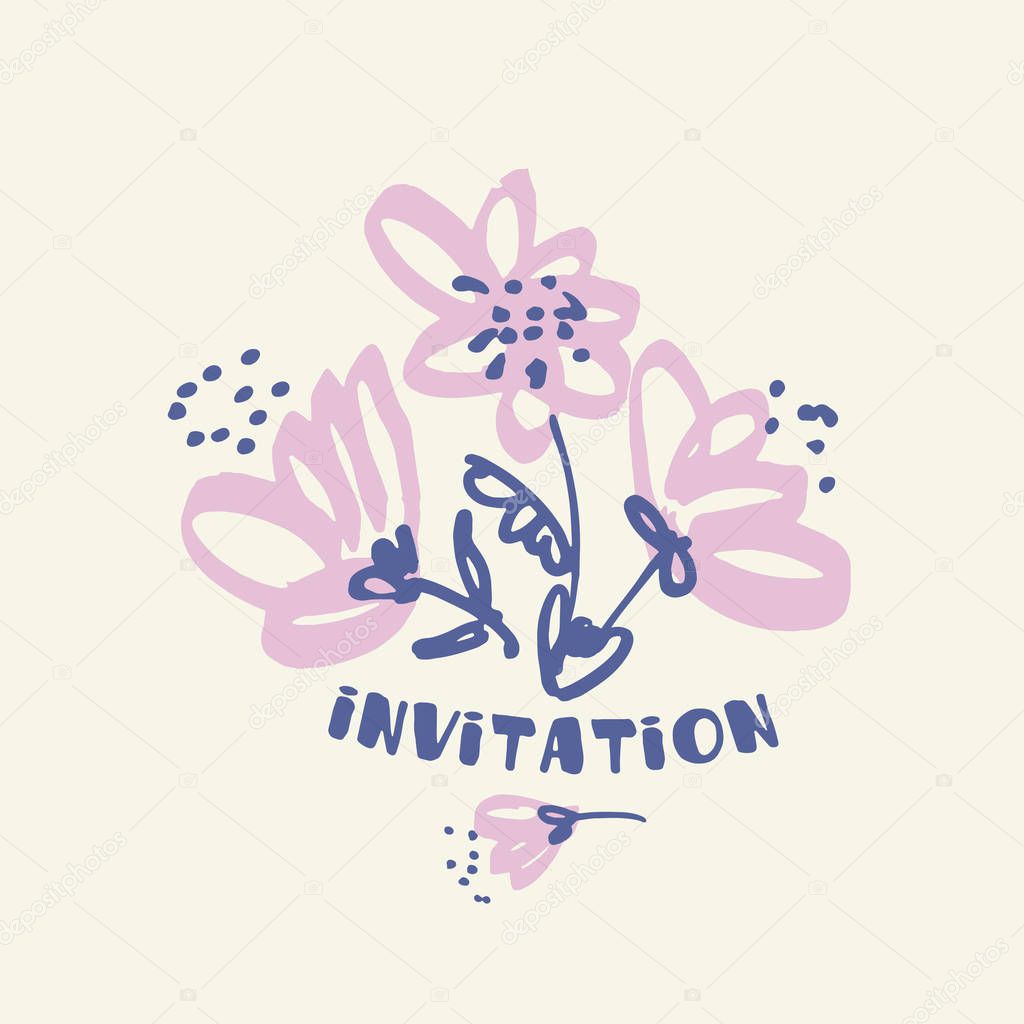 Hand drawn shabby floral design element for card, header, invitation. Sketch style pale color flowers motif in laconic minimal style.