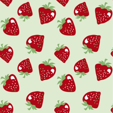  Klasik çilek Dikişsiz desen soluk yeşil zemin üzerine. Kırmızı olgun meyveler retro tarzı yinelenebilir motifi yüzey tasarımı için