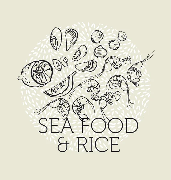 Concepto dibujado a mano elementos de mariscos en color blanco y negro. fondo de arroz con gambas, limón, mejillones — Vector de stock