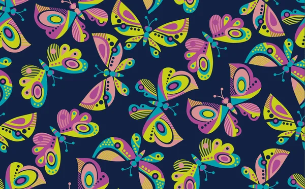 Mariposa patrón de vectores sin costura para el diseño de la superficie. estilo de verano brillante color floral motivo repetible — Vector de stock