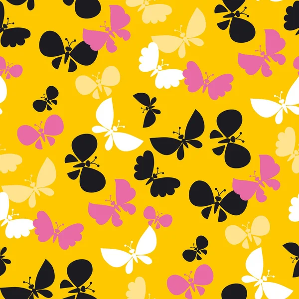 Mariposa patrón de vectores sin costura para el diseño de la superficie. estilo de verano brillante motivo repetible de color floral sobre fondo amarillo soleado — Vector de stock