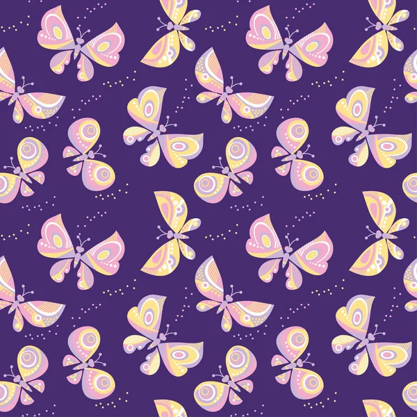 Mariposa patrón de vectores sin costura para el diseño de la superficie. estilo de verano brillante color floral motivo repetible — Vector de stock