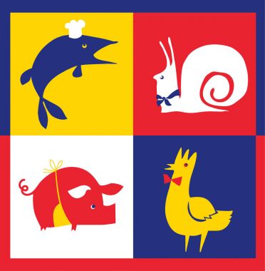 Konsept Restoran poster ile Fransız yemekleri - koymak horoz, domuz eti, pike, salyangoz. vektör çizim rith kafe işaretleri set